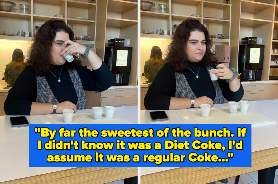 A tester drinking a cup of Diet Coke and saying it's "by far the sweetest of the bunch"