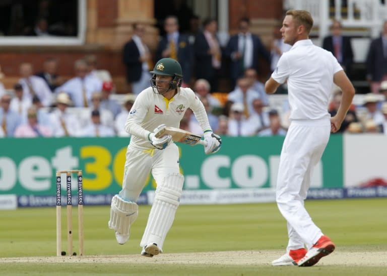 Michael Clarke (left) scores runs off the bowling of Stuart Broad on the fourth day of the second Ashes test at Lord's on July 19, 2015