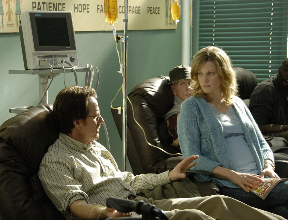 This image released by AMC shows Walter White, played by Bryan Cranston, and his wfe Skyler White, played by Anna Gunn, during Walt's chemotherapy treatment during the first season of "Breaking Bad." The series finale of the popular drama series aired on Sunday, Sept. 29. (AP Photo/AMC, Ursula Coyote)