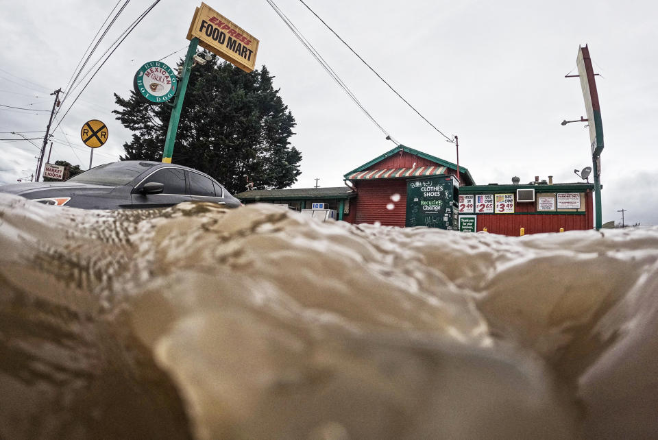 A commercial area affected by floods is seen after days of heavy rain in Pajaro, California, on March 14, 2023. 