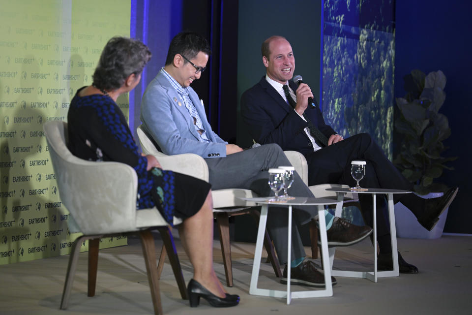Britain's Prince William, right, takes part in a panel discussion on stage with Earthshot Prize trustee Christiana Figueres, left, and Brandon Ng of Ampd Energy at the Earthshot+ Summit at Park Royal Pickering in Singapore Wednesday, Nov. 8, 2023. William is on a four-day visit to Singapore, where he attended the Earthshot Prize 2023 that aims to reward innovative efforts to combat climate change. (Mohd Rasfan/Pool Photo via AP)