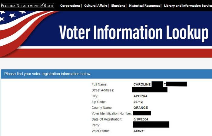 A screenshot from the Florida Department of State's voter information website shows Caroline is listed as an active voter.