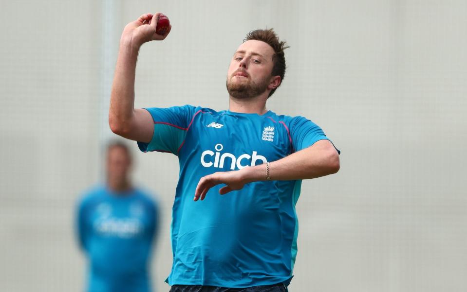 Ollie Robinson bowls during an England Ashes squad practice session at The Gabba on December 06, 2021 in Brisbane, Australia. - GETTY IMAGES