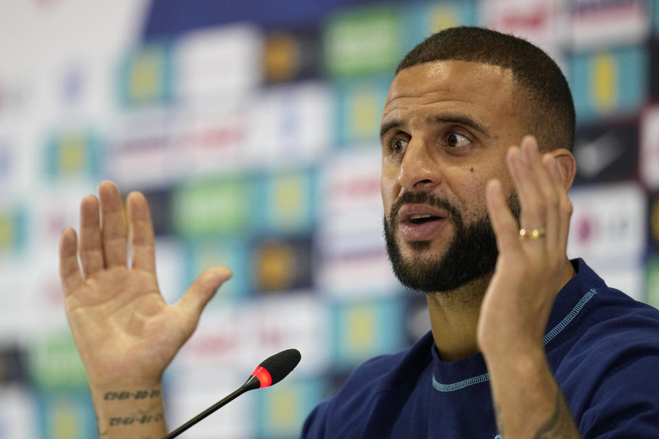 England's Kyle Walker speaks to the media during a press conference at Al Wakrah Sports Complex, in Al Wakrah, Qatar, Wednesday, Dec. 7, 2022. (AP Photo/Abbie Parr)