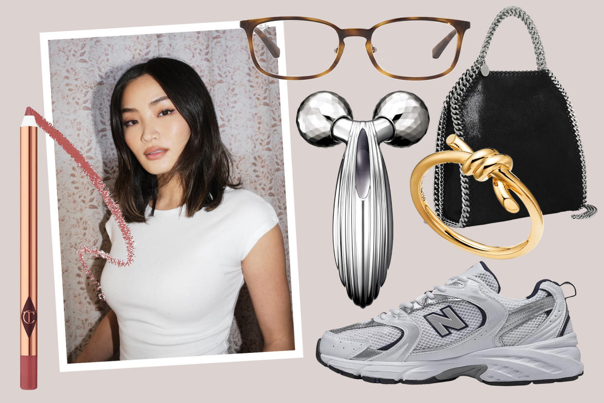 Anna Sawai surrounded by her favorite products, including sneakers, glasses, bag and jewelry.