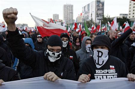 Far-right protesters, with covered faces, shout slogans during their annual march, which coincides with Poland's National Independence Day in Warsaw in this November 11, 2013 file photo. REUTERS/Kacper Pempel/Files