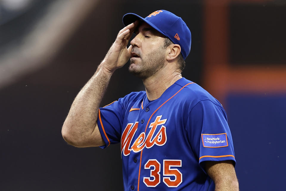 New York Mets pitcher Justin Verlander reacts during the first inning of a baseball game against the Milwaukee Brewers, Monday, June 26, 2023, in New York. (AP Photo/Adam Hunger)