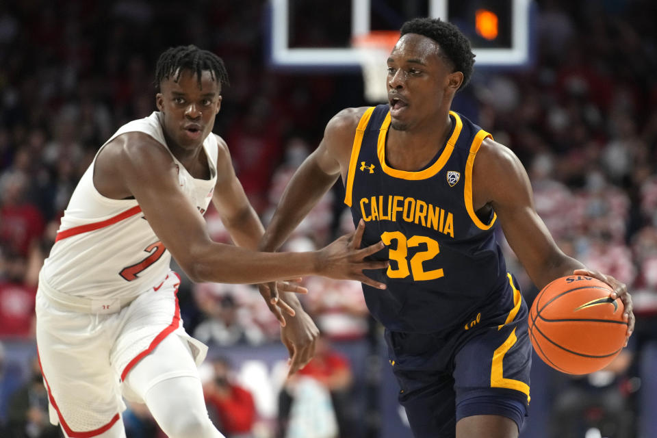 California guard Jalen Celestine (32) drives on Arizona guard Adama Bal during the first half of an NCAA college basketball game, Saturday, March 5, 2022, in Tucson, Ariz. (AP Photo/Rick Scuteri)