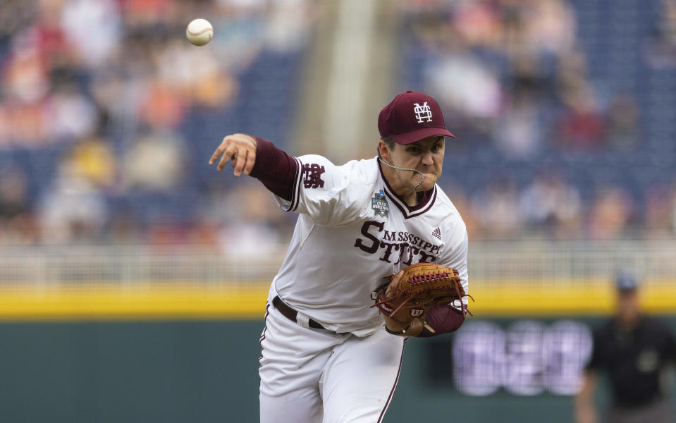 Mississippi State starting pitcher Will Bednar (24) throws plays Texas in the first inning during a baseball game in the College World Series Saturday, June 26, 2021, at TD Ameritrade Park in Omaha, Neb. (AP Photo/Rebecca S. Gratz)