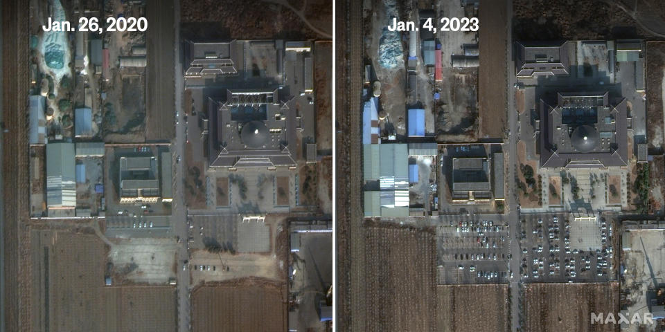 Satellite images show the addition of parking spaces at a funeral home in Tangshan, China. (Satellite image ©2023 Maxar Technologies)