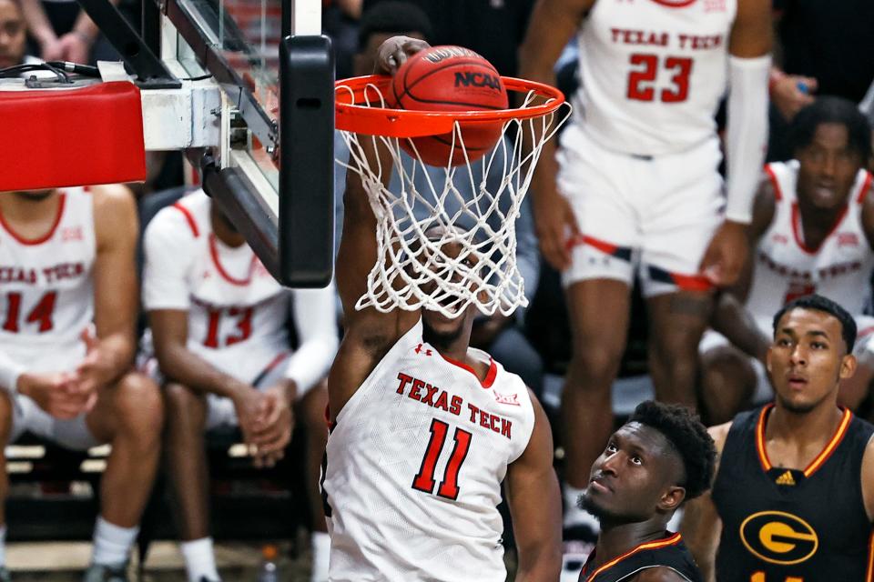 Texas Tech's Bryson Williams (11) dunks the ball during the second half of a nonconference game Friday against Grambling State at United Supermarkets Arena.