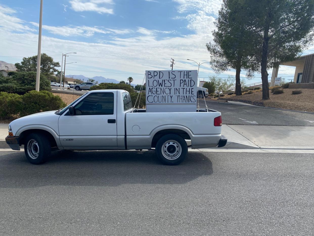 A sign outside Barstow City Hall recently. City police officers say their pay is the lowest of any municipal force in San Bernardino County.