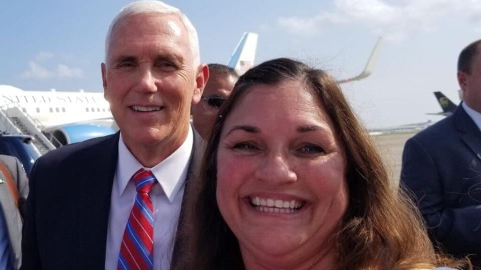 Former Vice President Mike Pence poses with Martha Huckabay (right), president of the Women’s Republican Club of New Orleans, last year. (Twitter)