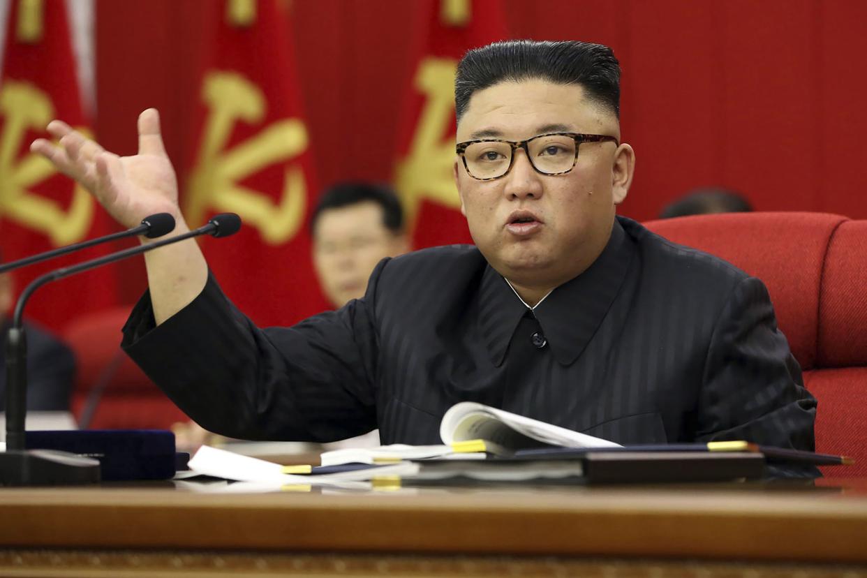 In this photo provided by the North Korean government, North Korean leader Kim Jong Un speaks during a Workers' Party meeting in Pyongyang, North Korea, Tuesday, June 15, 2021. Kim warned about possible food shortages and called for his people to brace for extended COVID-19 restrictions as he opened a major political conference to discuss national efforts to salvage a broken economy. the North’s official Korean Central News Agency said Wednesday, June 16, 2021.