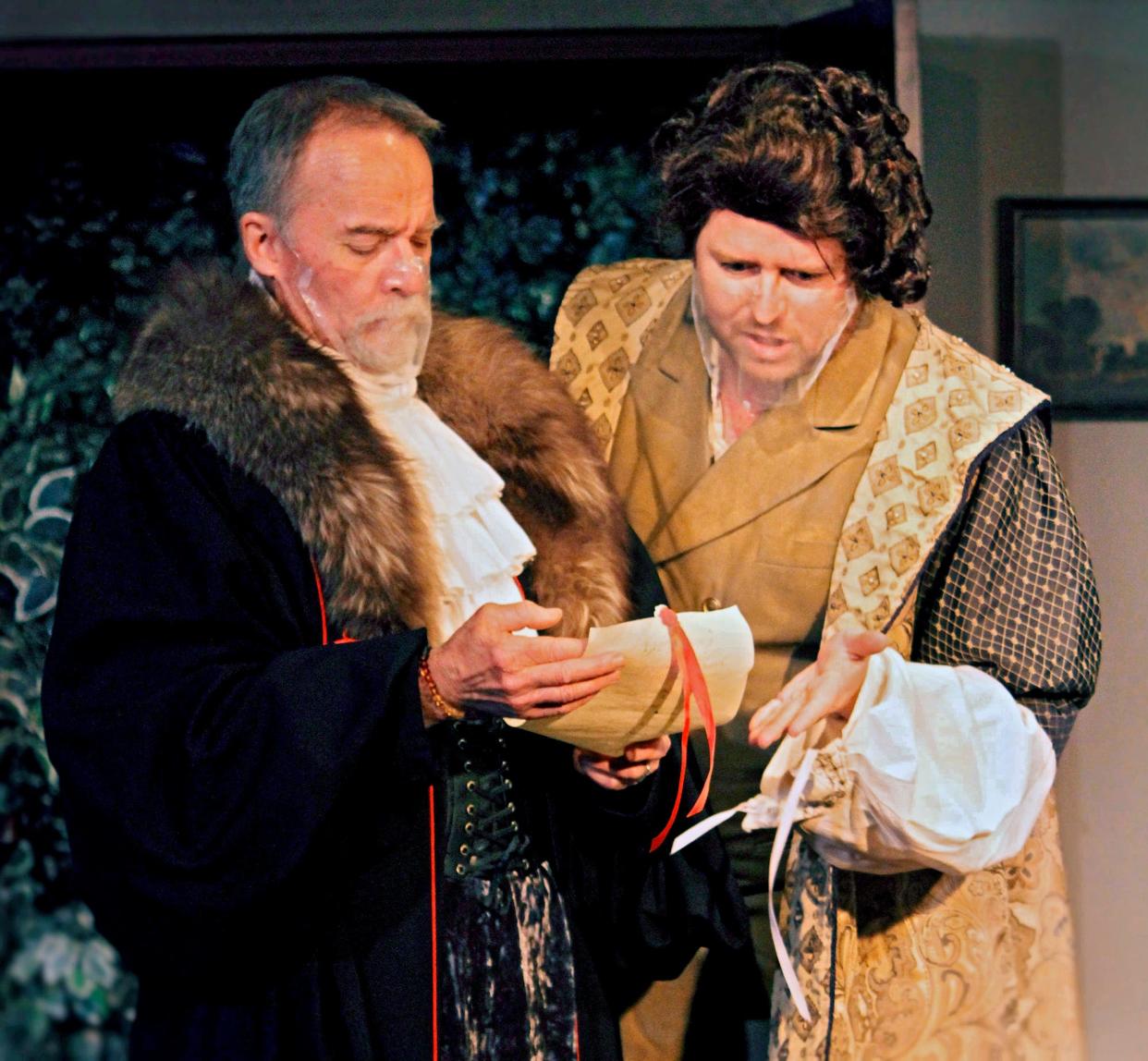 Pictured are Rob May as Sir Thomas Walsingham and Keegan Zimmerman as Will Shakespeare in "The Shakespeare Conspiracy" at 3rd Act Theatre. [Photo courtesy of April Porterfield]