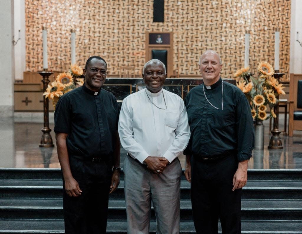 The Rev. Ernest Amoako-Opare, left, and Diocese of Salina Bishop, the Rev. Jerry Vincke, right, welcomed the Diocese of Koforidua Bishop, the Rev. Joseph Afrifah-Agyekum, middle, to Salina last week. Koforidua is the diocese in which Amoako-Opare served before coming to Salina on sabbatical a year ago.