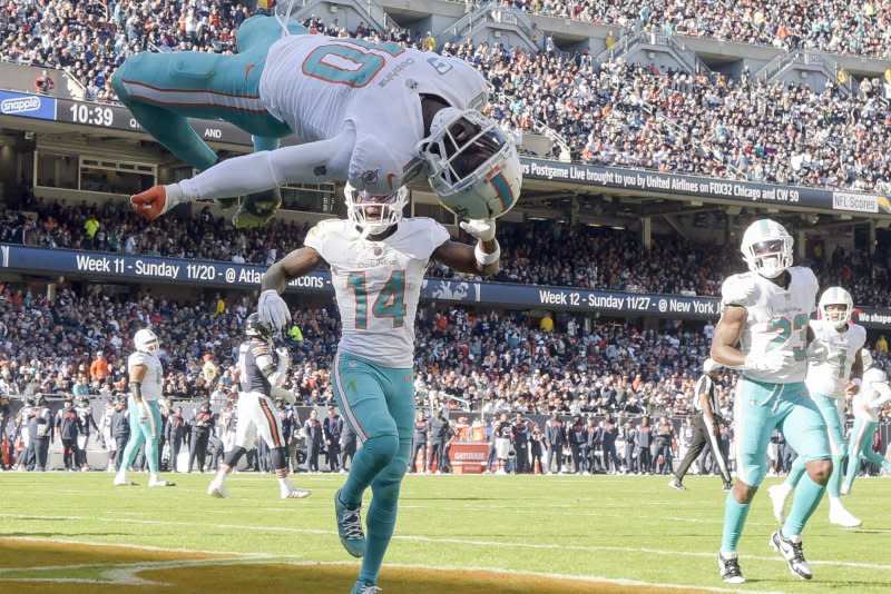 Miami Dolphins wide receiver Tyreek Hill (L) scored eight touchdowns last season. File Photo by Mark Black/UPI