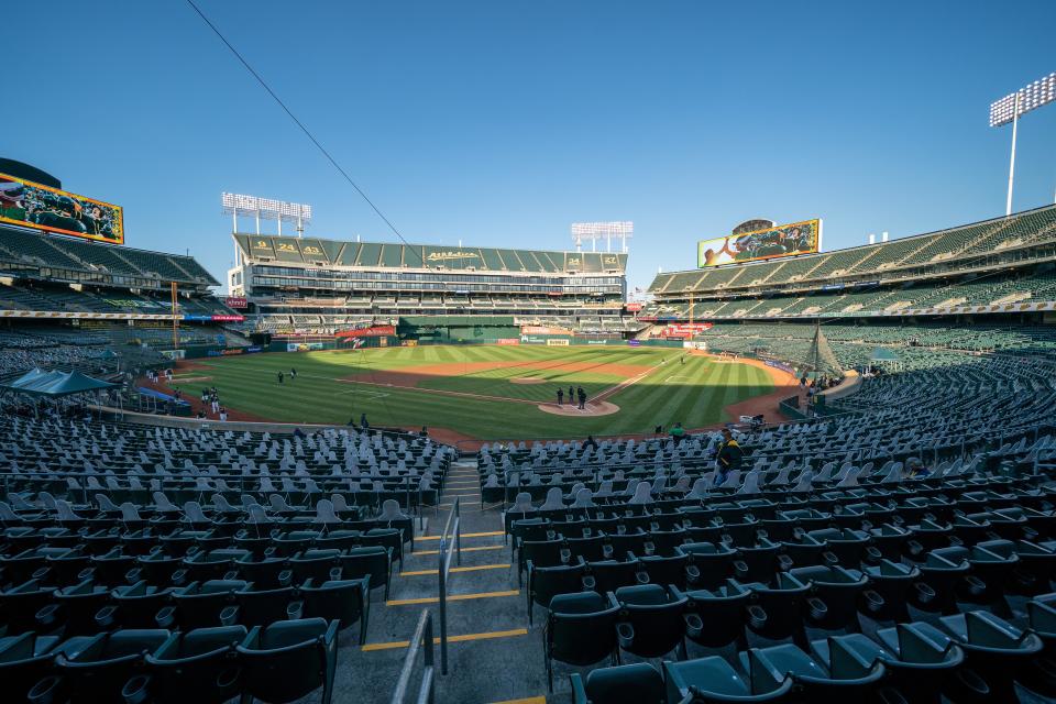 A's Jul 20, 2020; Oakland, California, USA;  Oakland Athletics stadium before the start of the game against the San Francisco Giants at Oakland Coliseum. Mandatory Credit: Neville E. Guard-USA TODAY Sports