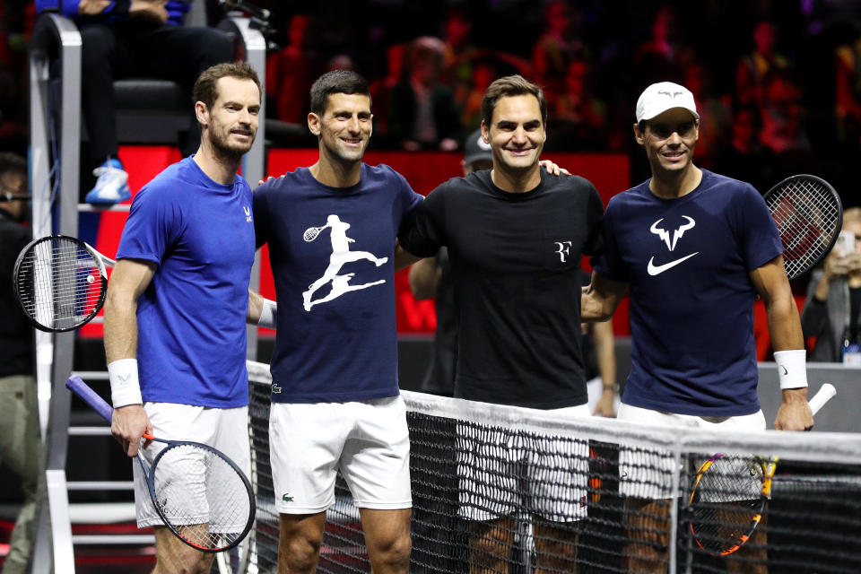 Andy Murray, Novak Djokovic, Roger Federer and Rafael Nadal of Team Europe today - Credit: Getty Images