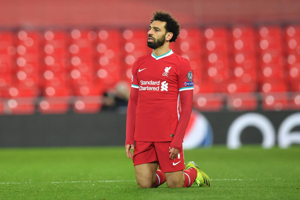 Liverpool's Egyptian midfielder Mohamed Salah reacts during the UEFA Champions League quarter final second leg football match between Liverpool and Real Madrid at Anfield in Liverpool, England on 14 April. Liverpool were due to be one of the founding clubs of the aborted European Super League. Photo: Paul Ellis/AFP via Getty Images