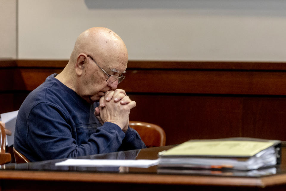 Vincent DeLorenzo, a former Flint-area Catholic priest convicted of the attempted sexual abuse of a 5-year-old boy in the late 1980s, appears for his sentencing, Tuesday, June 13, 2023, in Flint, Mich. DeLorenzo was sentenced to a year in jail and probation after previously pleading guilty to a single count of attempted first-degree criminal sexual conduct. (Jake May/The Flint Journal via AP)