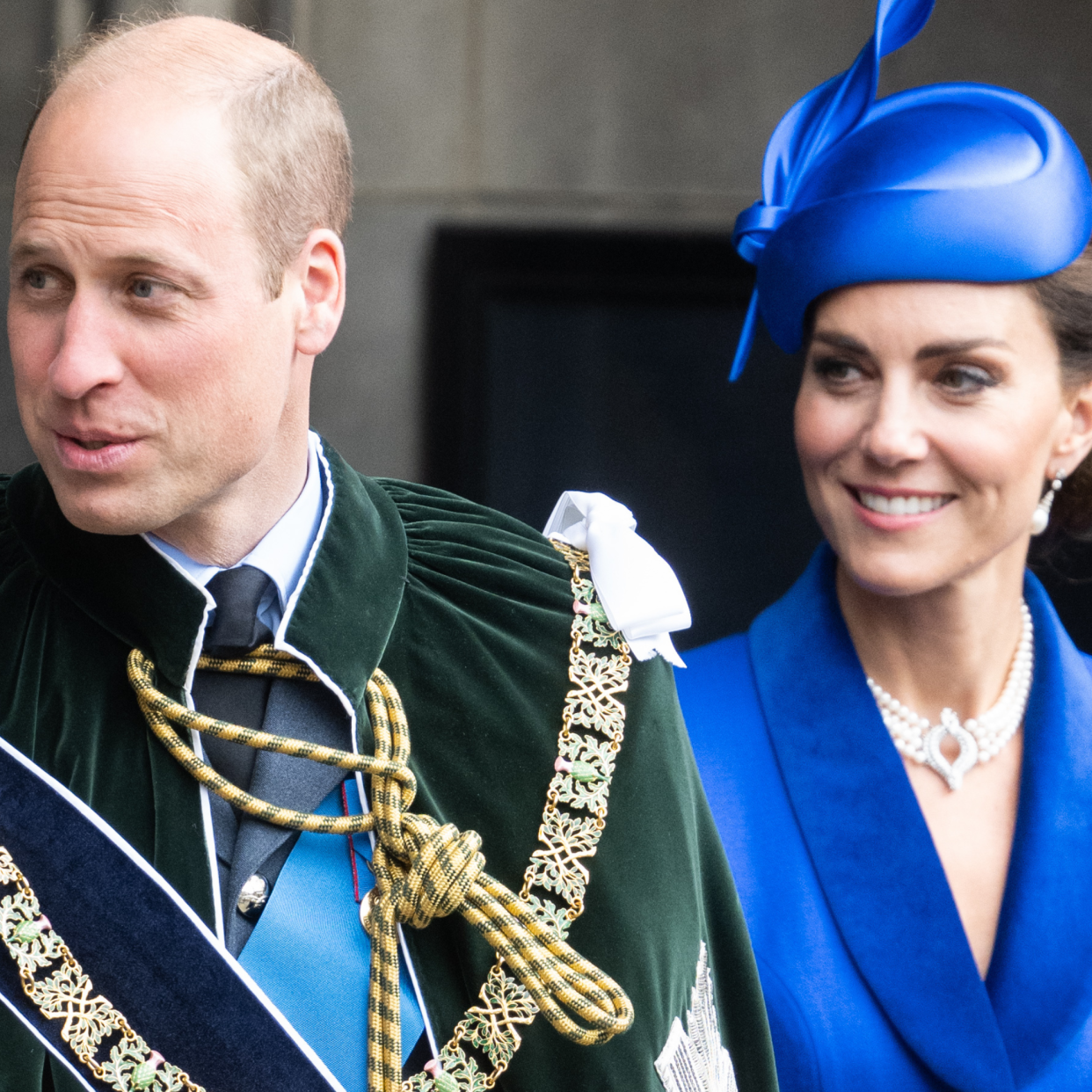  Catherine, Princess of Wales, known as the Duchess of Rothesay while in Scotland and Prince William, Prince of Wales, know as the Duke of Rothesay while in Scotland depart a national service of thanksgiving and dedication to the coronation of King Charles III and Queen Camilla at St Giles' Cathedral on July 05, 2023 in Edinburgh, Scotland. During the service of thanksgiving and dedication for the Coronation of King Charles III and Queen Camilla, the Honours of Scotland (the Scottish crown jewels) are presented to the new King. The service is based on a similar service held at St Giles' 70 years ago to mark the coronation of Queen Elizabeth II but unlike the 1953 service, the Stone of Destiny, on which ancient Scottish kings were crowned, will be present in the cathedral. 