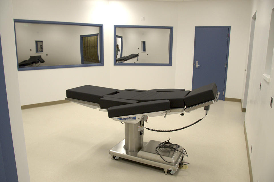 FILE - This Nov. 10, 2016, file photo released by the Nevada Department of Corrections shows the newly completed execution chamber at Ely State Prison in Ely, Nev. Nevada wants the state Supreme Court to overrule a judge’s final-hours delay of the state’s first execution in 12 years over a drug company’s bid to block the use of its product. The appeal filed Wednesday, July 25, 2018, comes two weeks after twice-convicted killer Scott Raymond Dozier's execution was postponed for a second time. (Nevada Department of Corrections via AP, File)