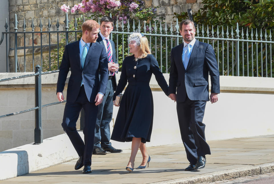 The Duke of Sussex arrives with Peter and Autumn Phillips [Photo: Getty]