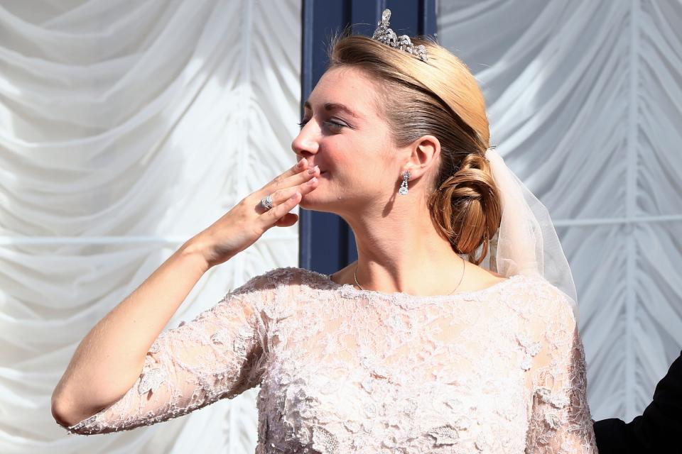 LUXEMBOURG - OCTOBER 20: Princess Stephanie of Luxembourg blows a kiss to the crowds from the balcony of the Grand-Ducal Palace following the wedding ceremony of Prince Guillaume Of Luxembourg and Princess Stephanie of Luxembourg at the Cathedral of our Lady of Luxembourg on October 20, 2012 in Luxembourg, Luxembourg. The 30-year-old hereditary Grand Duke of Luxembourg is the last hereditary Prince in Europe to get married, marrying his 28-year old Belgian Countess bride in a lavish 2-day ceremony. (Photo by Andreas Rentz/Getty Images)