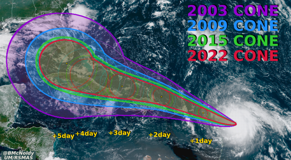 The cone of uncertainty used by the National Hurricane Center has shrunk dramatically since 2003 as forecasting science improves. Every year, it’s recalculated based on tracking errors from the past five years. 