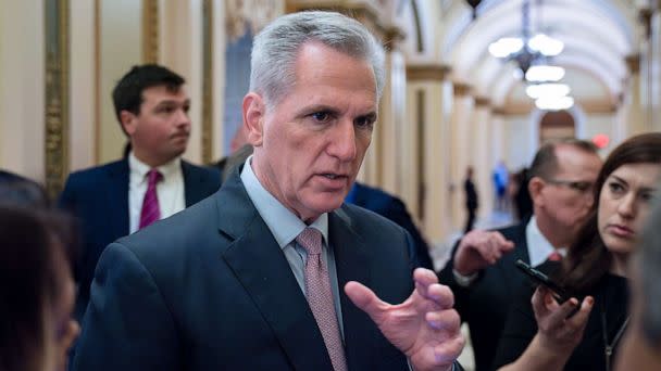 PHOTO: Speaker of the House Kevin McCarthy talks with reporters at the Capitol in Washington, April 28, 2023. (J. Scott Applewhite/AP, FILE)