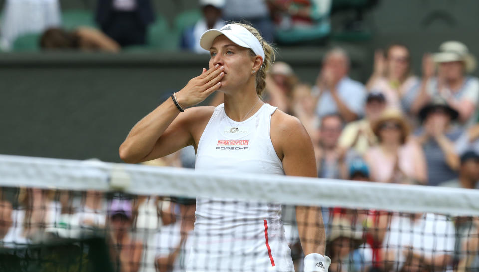 LONDON, ENGLAND - JULY 02: Angelique Kerber (GER) celebrates after winning her match against Tatjana Maria (GER) in their Ladies' Singles First Round match during Day 2 of The Championships - Wimbledon 2019 at All England Lawn Tennis and Croquet Club on July 2, 2019 in London, England. (Photo by Rob Newell - CameraSport via Getty Images)