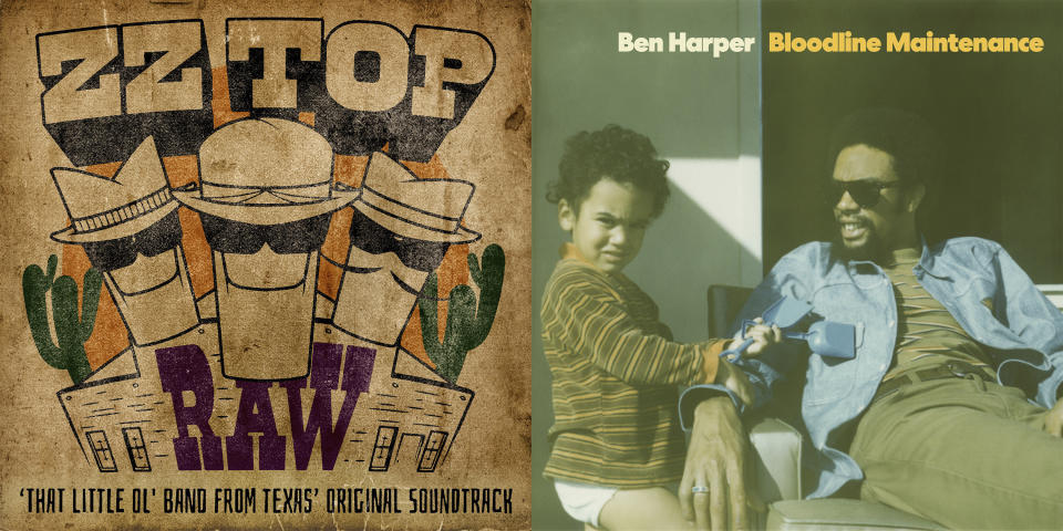 En esta combinación de fotos, las portadas del álbum en vivo de ZZ Top "Raw", izquierda, y del disco de Ben Harper "Bloodline Maintenance". (Shelter Records/BMG vía AP, izquierda, y Chrysalis Records vía AP)