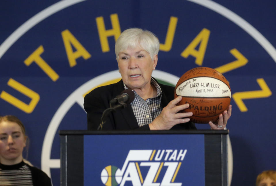 FILE - In this Jan. 23, 2017, file photo, Utah Jazz owner Gail Miller speaks during a news conference in Salt Lake City. The NBA's Board of Governors unanimously approved the sale Friday, Dec. 18, 2020, of the Utah Jazz to a group led by technology entrepreneur Ryan Smith, ending the Miller family’s 35-year run as owners of the franchise. (AP Photo/Rick Bowmer, File)