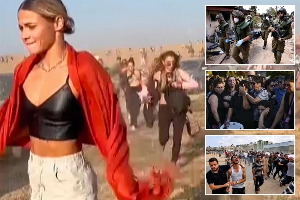 Ravers at the Supernova festival in Negev Dester, southern Israel, flee Hamas militants (main image); Israeli soldiers remove bodies from the kibbutz in Kfar Aza (inset, top) as relatives of the victims mourn (inset middle); Palestinians grieve for victims of airstrikes on Gaza (inset, bottom) (Composite)