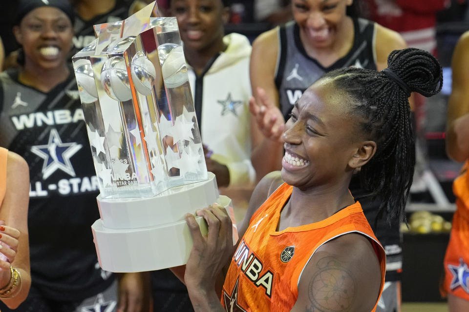 Jewell Loyd earned All-Star Game MVP and a trophy befitting the honor. (AP Photo/John Locher)