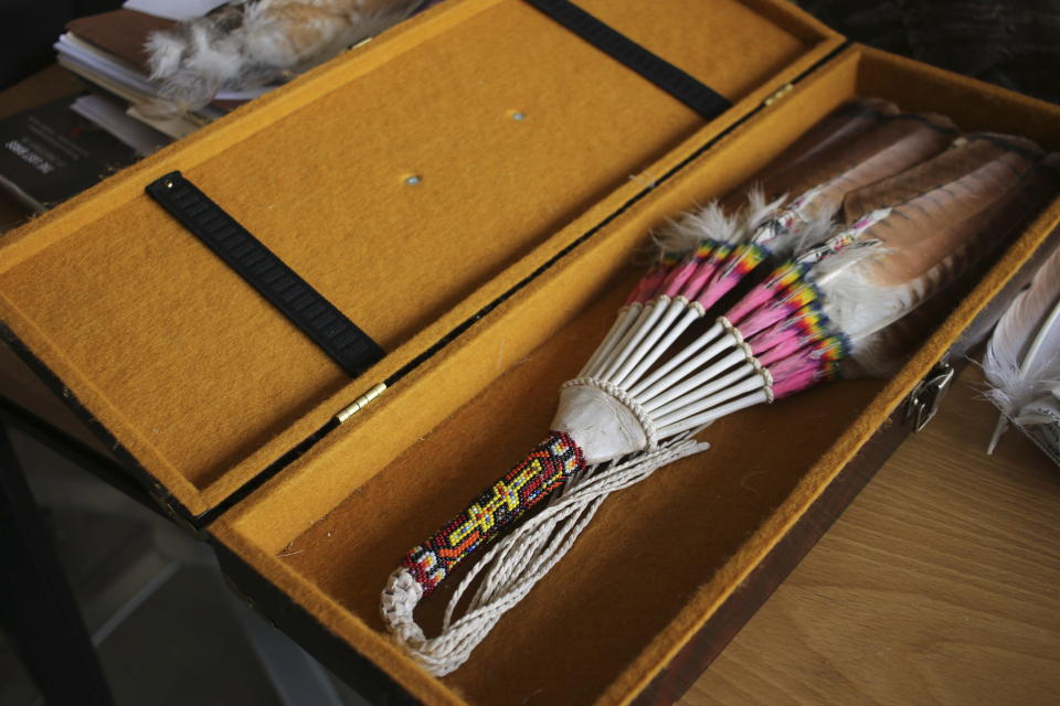 Non-eagle bird carcasses and bird feathers are stored at the Liberty Wildlife Non-Eagle Feather Repository in Phoenix, Tuesday, Feb. 27, 2024. Citizens of federally recognized Native American tribes who are 18 and older can request items from the repository for religious and ceremonial purposes. (AP Photo/Cheyanne Mumphrey)