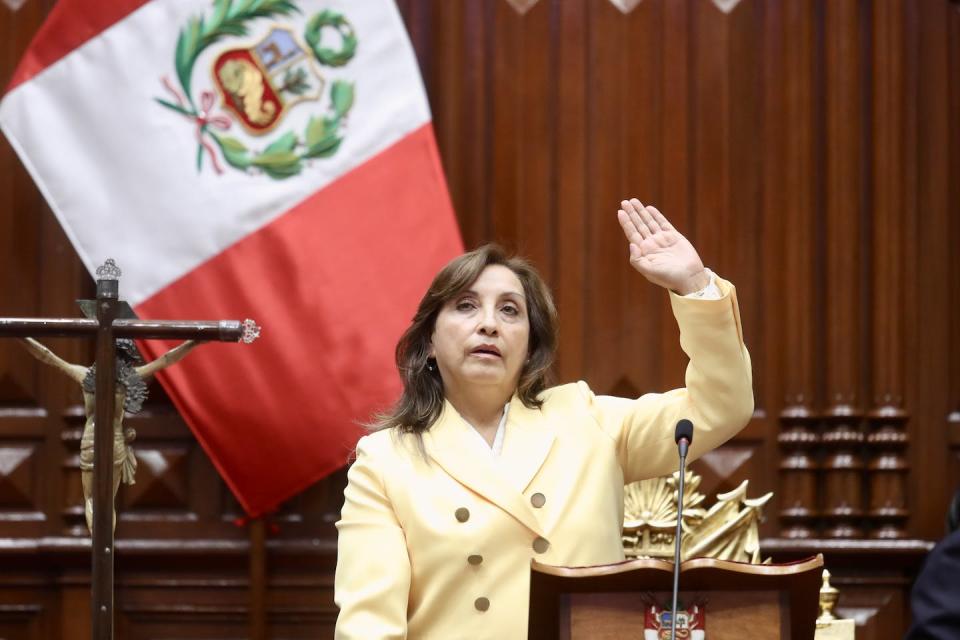 Dina Boluarte, Peru’s sixth president in five years. <a href="https://www.gettyimages.com/detail/news-photo/vice-president-dina-boluarte-swears-in-as-perus-new-leader-news-photo/1245445443?phrase=Castillo%20Boluarte&adppopup=true" rel="nofollow noopener" target="_blank" data-ylk="slk:Congress of Republic of Peru / Handout/Anadolu Agency via Getty Images;elm:context_link;itc:0;sec:content-canvas" class="link ">Congress of Republic of Peru / Handout/Anadolu Agency via Getty Images</a>