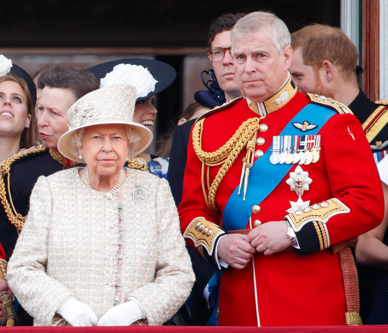 LONDON, UNITED KINGDOM - JUNE 08: (EMBARGOED FOR PUBLICATION IN UK NEWSPAPERS UNTIL 24 HOURS AFTER CREATE DATE AND TIME) Queen Elizabeth II and Prince Andrew, Duke of York watch a flypast from the balcony of Buckingham Palace during Trooping The Colour, the Queen's annual birthday parade, on June 8, 2019 in London, England. The annual ceremony involving over 1400 guardsmen and cavalry, is believed to have first been performed during the reign of King Charles II. The parade marks the official birthday of the Sovereign, although the Queen's actual birthday is on April 21st. (Photo by Max Mumby/Indigo/Getty Images)