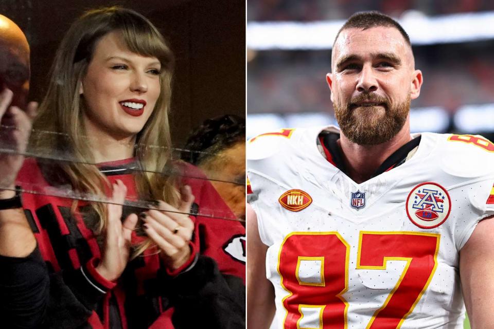 <p>Jon Robichaud/UPI/Shutterstock; David Gray/Kansas City Chiefs via AP</p> Taylor Swift; Travis Kelce