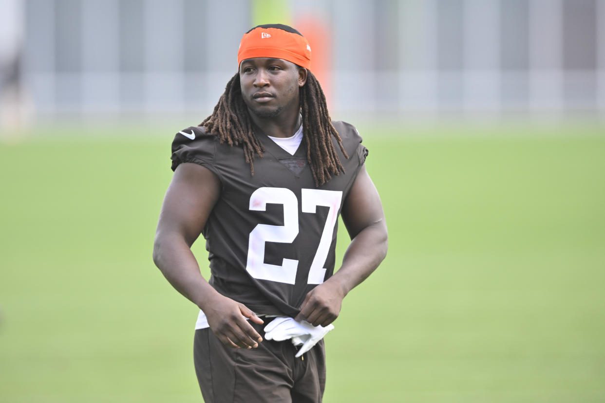 Cleveland Browns running back Kareem Hunt stands on the field during an NFL football practice at the team's training facility Wednesday, June 1, 2022, in Berea, Ohio. (AP Photo/David Richard)