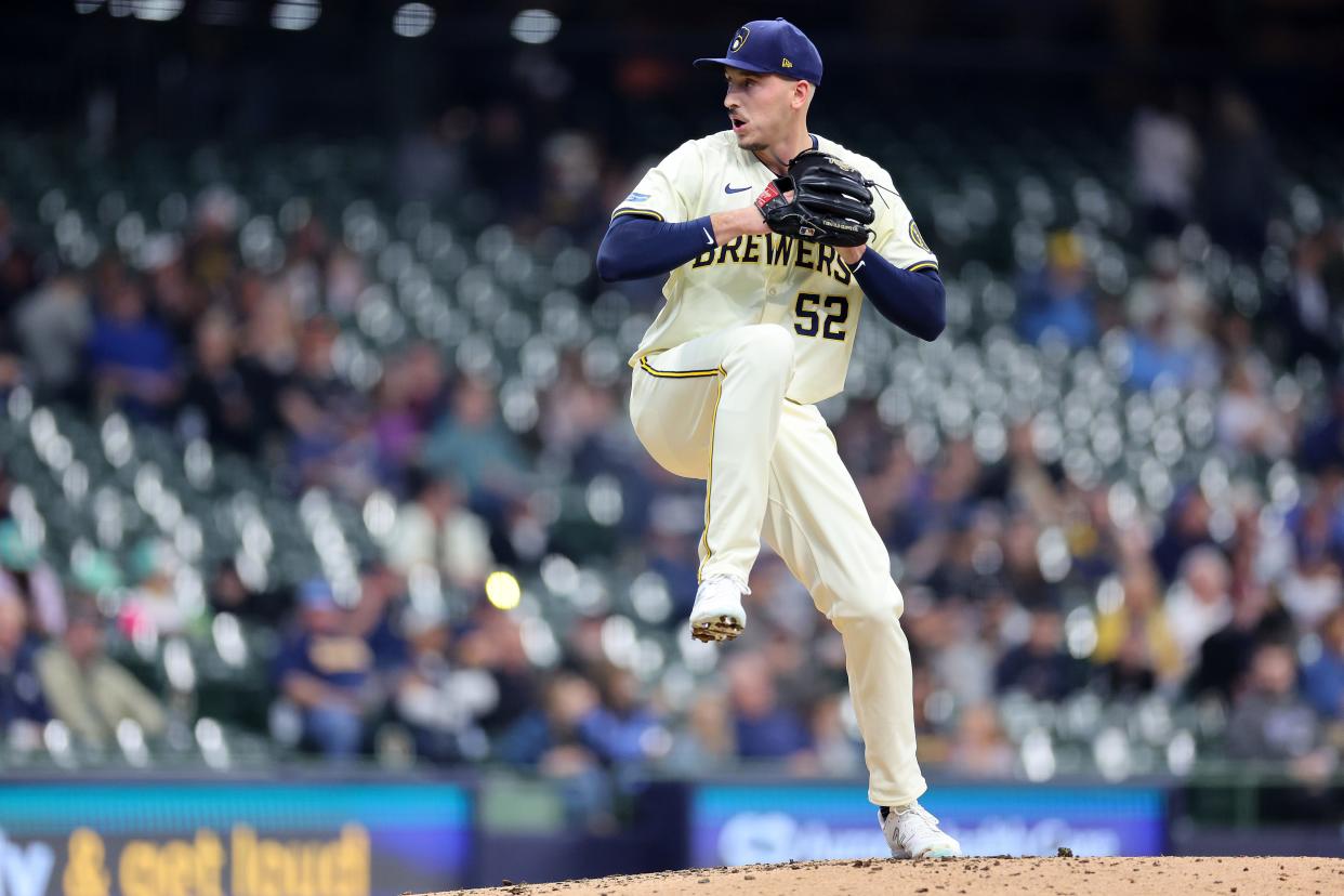 Bryan Hudson of the Milwaukee Brewers works in the sixth inning against the San Diego Padres.