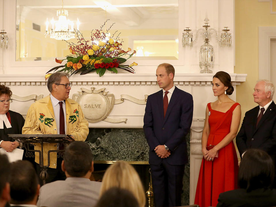 Princess Kate Stuns in Red Satin Dress (and Diamond Maple Leaf Brooch!) at Elegant Reception in Canada| The British Royals, The Royals, Kate Middleton, Prince William