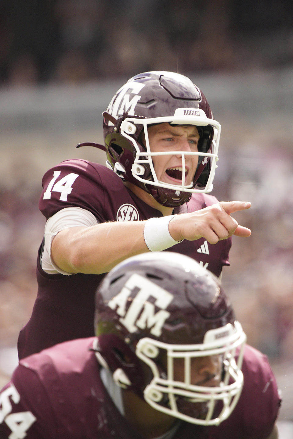 Oct 28, 2023; College Station, Texas; Texas A&M Aggies quarterback Max Johnson (14) calls a play during the second half in a game against South Carolina Gamecocks at Kyle Field. Dustin Safranek-USA TODAY Sports