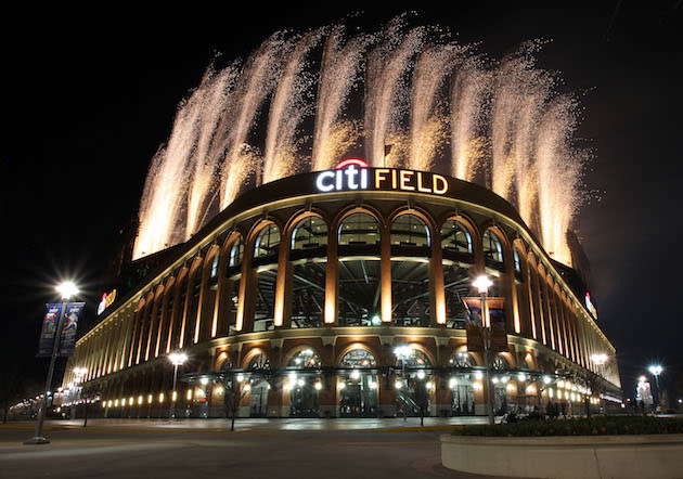 NEW YORK, NY – APRIL 08: Pyrotechnics light up the night sky above Citi Field after the game between the Miami Marlins and New York Mets on April 8, 2017 in the Flushing neighborhood of the Queens borough of New York City. (Photo by Christopher Pasatieri/Getty Images)