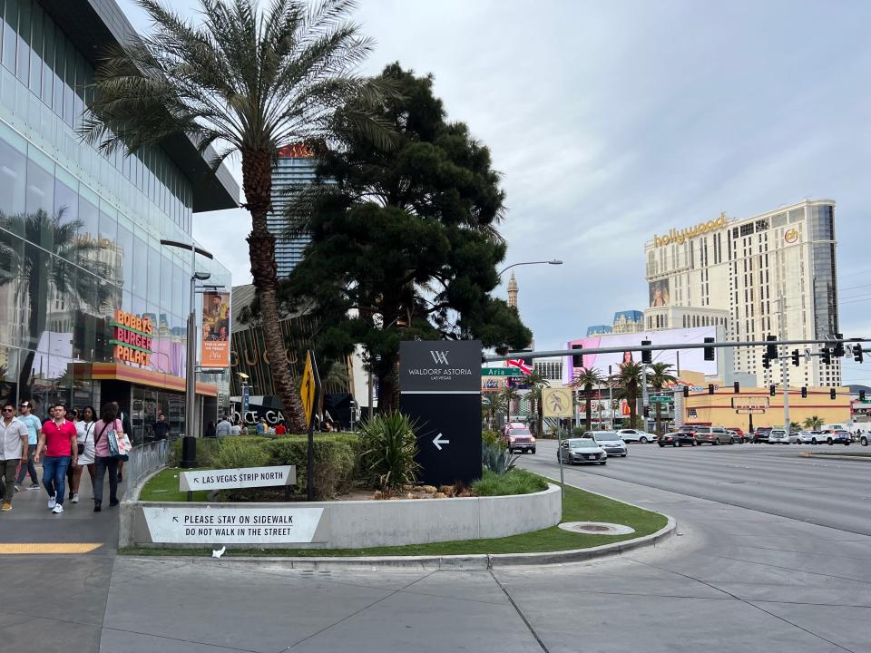 A sign indicated the entrance to the Waldorf Astoria off of Las Vegas Boulevard.