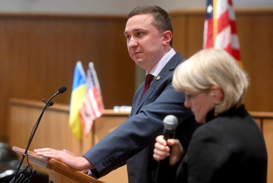 Mayor Oleksandr Kodola from Nizhyn, Ukraine, pauses as he thanks a room full of State College community members at the State College Borough Building on Wednesday. Kodola and State College mayor Ezra Nanes signed memorandum of understanding to be sister cities.