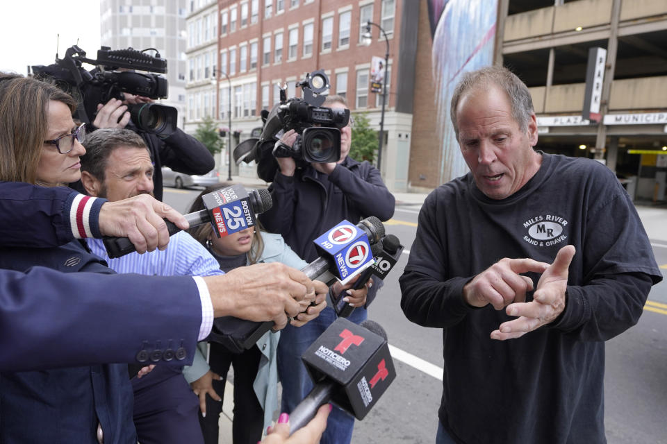 Paul Ventura, father of 18-year-old Mateo Ventura, both of Wakefield, Mass., speaks with reporters outside federal court, Thursday, June 8, 2023, in Worcester, Mass. Mateo Ventura appeared in federal court Thursday on a charge of knowingly concealing the source of material support or resources to a foreign terrorist organization, the U.S. attorney's office in Boston said in a statement. (AP Photo/Steven Senne)