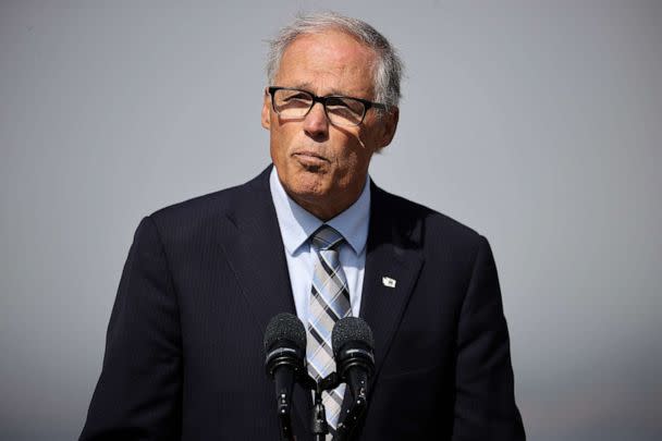 PHOTO: Washington Governor Jay Inslee speaks during the climate agreement event with west coast leaders California Governor Gavin Newsom, Oregon Governor Kate Brown and British Columbia Premier John Horgan, Oct. 6, 2022 in San Francisco. (Tayfun Coskun/Anadolu Agency via Getty Images)