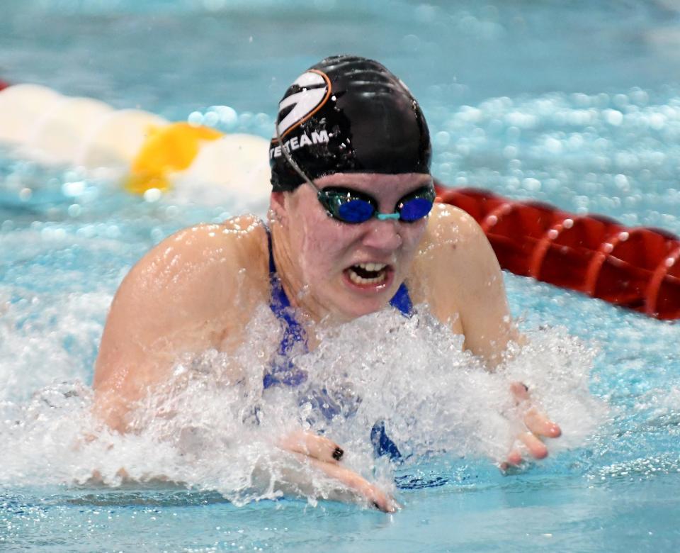 Green's Olivia Elgin swims in the Girls 100 Yard Breastroke of the 2022 OHSAA Division I Swimming Prelims at C.T. Branin Natatorium.  Friday,  February 25, 2022. 